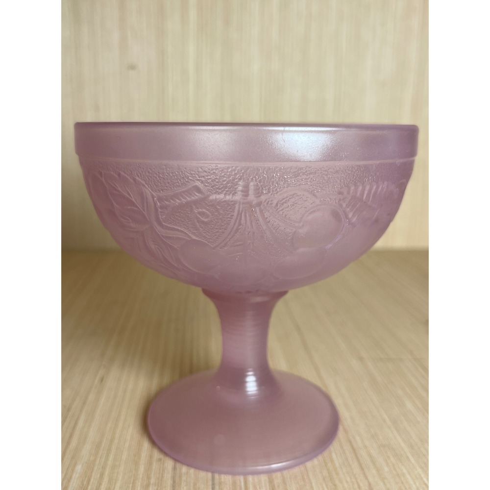 Vintage Luminarc France Frosted Pink Glass Fruit Embossed Dessert Sherbet Bowl